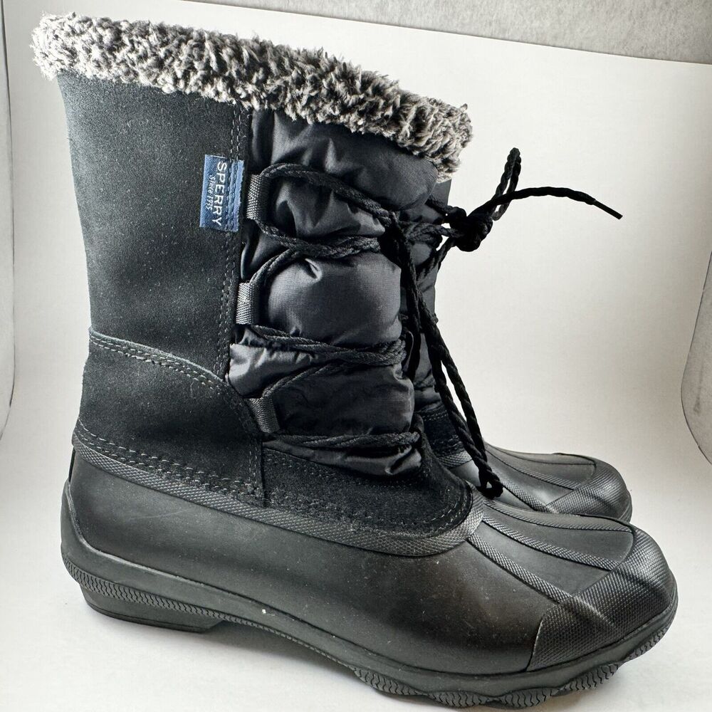 Sperry Saltwater Quarter Womens Black Duck Boots Faux Fur Trim STS99763 8.5‎ M